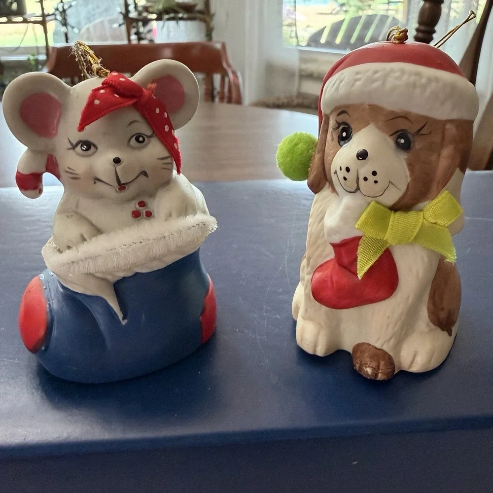Vintage Christmas Ornament Lot Mouse In Boot Puppy In Santa Hat Giftco Bells